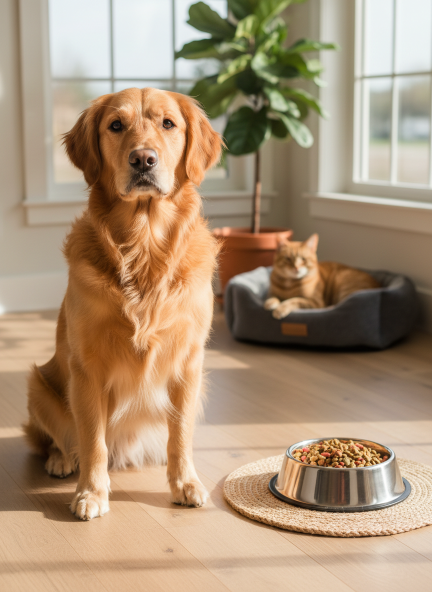 A healthy adult golden retriever with a shiny, well-groomed coat and bright, attentive eyes sits calmly on a light wooden floor beside a neatly arranged stainless-steel food bowl filled with high-quality dry kibble. In the background, a relaxed short-haired tabby cat lounges on a soft gray pet bed near an indoor plant. Soft morning sunlight filters through a large window, creating gentle highlights on the animals’ fur and subtle shadows on the floor. Photographic realism, eye-level composition, shallow depth of field with the dog in sharp focus and the cat slightly blurred, conveying a professional, trustworthy, and welcoming atmosphere for a modern pet care blog homepage.