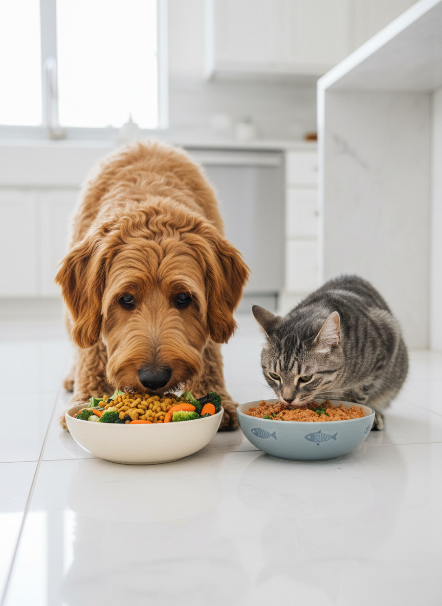 A close-up, photographic realistic scene of a medium-sized mixed-breed dog and a domestic shorthair cat eating from separate ceramic bowls on a spotless kitchen floor. The dog’s bowl contains clearly visible crunchy kibble mixed with small pieces of vegetables, while the cat’s bowl holds moist, tender wet food with a rich texture. The background shows a modern, bright kitchen with white cabinets and light countertops, softly blurred. Natural daylight from a side window creates clean, even lighting, enhancing the colors of the food and the animals’ fur. Shot from a low, side angle to emphasize the importance of nutrition, with a calm, informative mood suitable for an article about balanced pet diets.