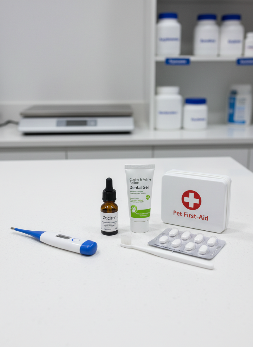 A bright veterinary-style setting with a clean white countertop where various pet health products are neatly displayed: a digital thermometer, a small bottle of ear cleaner, a tube of dental gel with a soft toothbrush, a blister pack of tablets labeled for deworming, and a compact first-aid kit with a red cross symbol. In the background, slightly out of focus, stands a scale suitable for weighing pets and a neatly organized shelf with labeled containers. Cool, even lighting from overhead LEDs creates a clinical but approachable feel. Photographic realism, shot from a slightly elevated angle, with sharp focus on the products to support an informative article about preventive health care for dogs and cats.