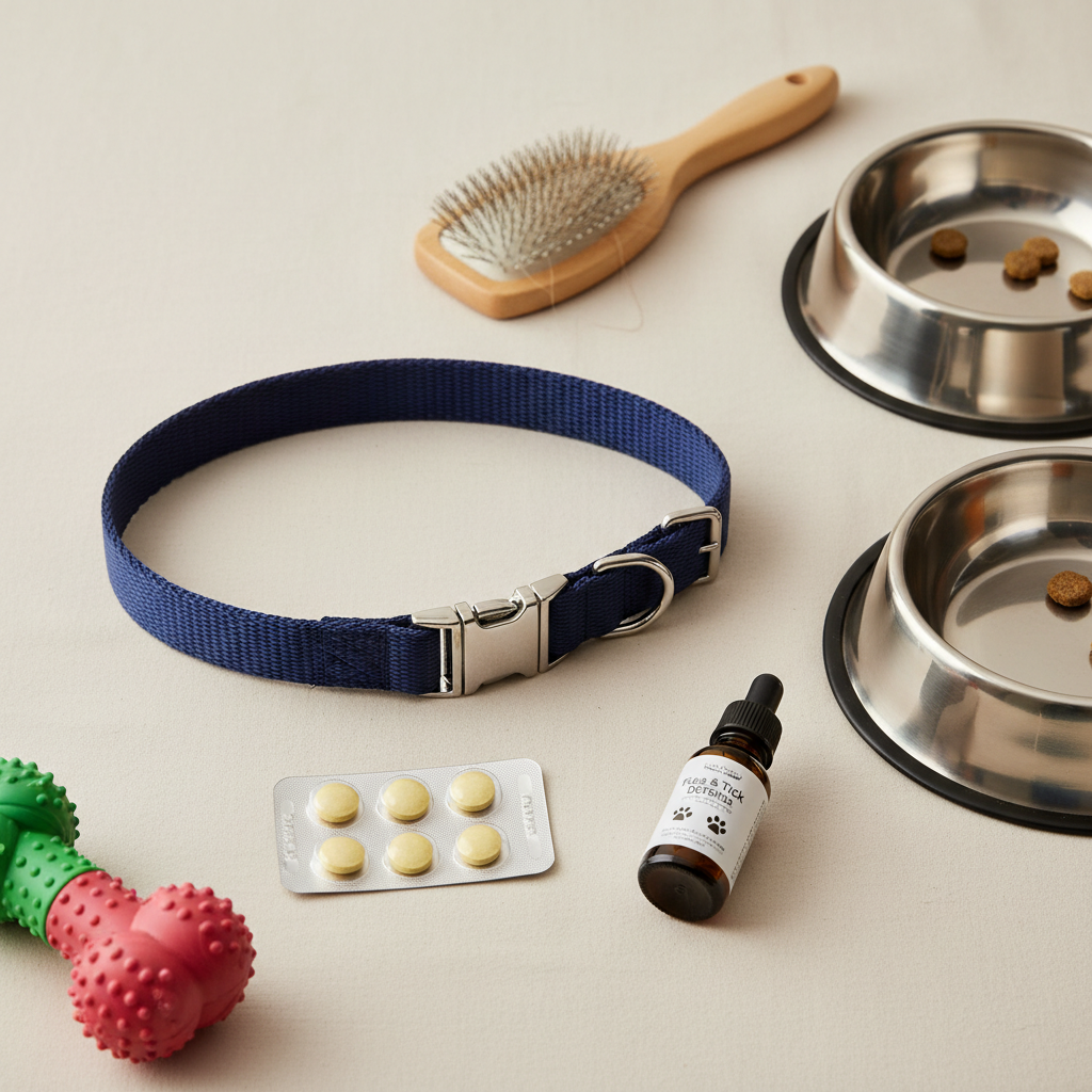 An organized flat-lay of essential pet care items carefully arranged on a clean, light beige background. A high-quality nylon dog collar with a secure metal buckle, a pair of stainless-steel food and water bowls, a soft grooming brush with visible fur bristles, a blister pack of pet vitamins, a small bottle labeled for flea and tick prevention, and a colorful rubber chew toy form a balanced composition. Gentle overhead softbox lighting creates minimal shadows and consistent illumination, emphasizing textures and materials. The image is photographed with sharp focus across the frame, evoking a professional, educational mood, perfect for illustrating a blog post about daily care routines and responsible pet ownership.
