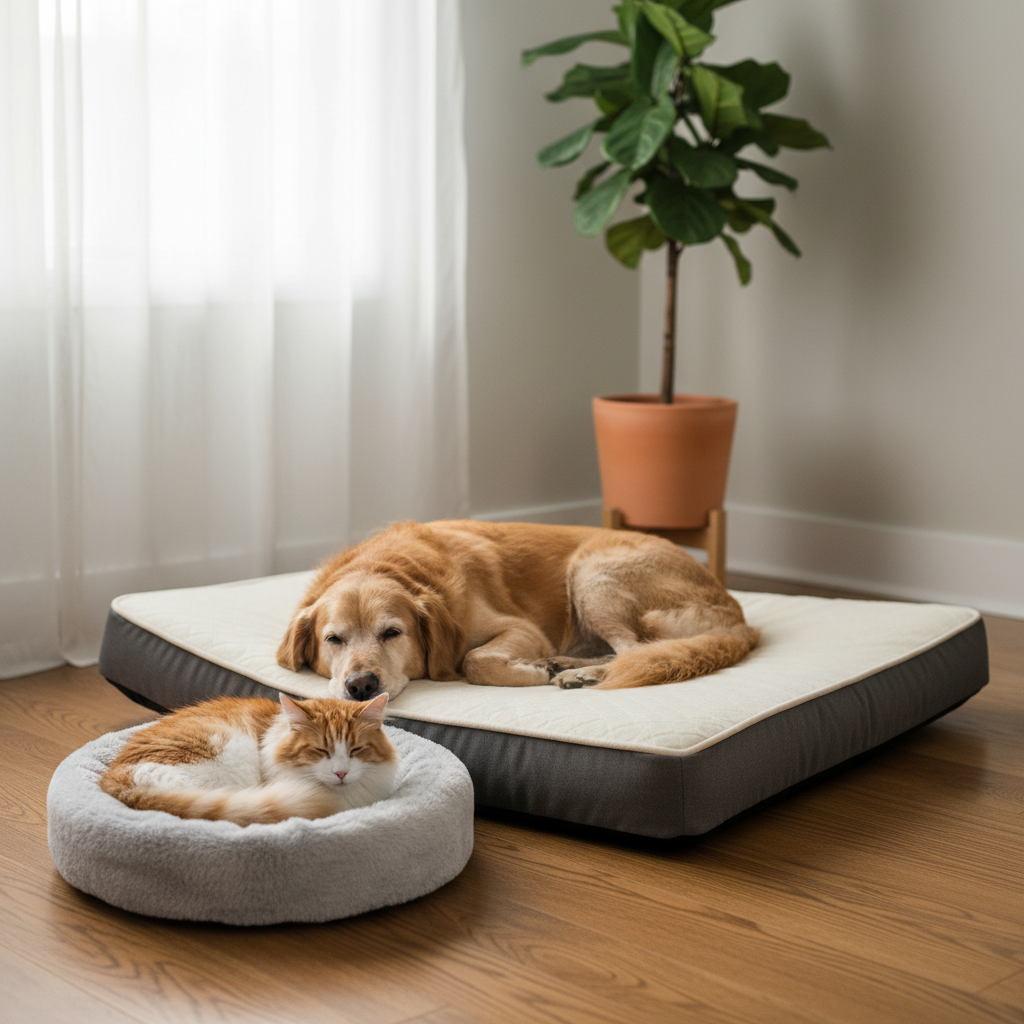 A serene bedroom corner where a plush orthopedic dog bed and a cozy round cat bed sit side by side on warm-toned wooden flooring. A medium-sized senior dog with a slightly graying muzzle rests comfortably on the supportive mattress, while a fluffy long-haired cat curls up in the smaller bed, both appearing relaxed and content. Soft, diffused afternoon light filters through sheer curtains, creating a peaceful atmosphere with gentle shadows. The background includes a simple indoor plant and a neutral-colored wall, subtly blurred. Shot at eye level with photographic realism, emphasizing comfort, well-being, and the importance of proper rest in pet health and wellness content.